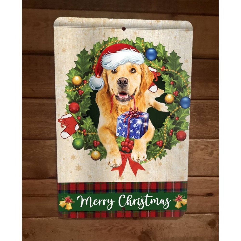 Merry Christmas Golden Retriever Dog Xmas 8x12 Metal Wall Sign Animal Poster #1
